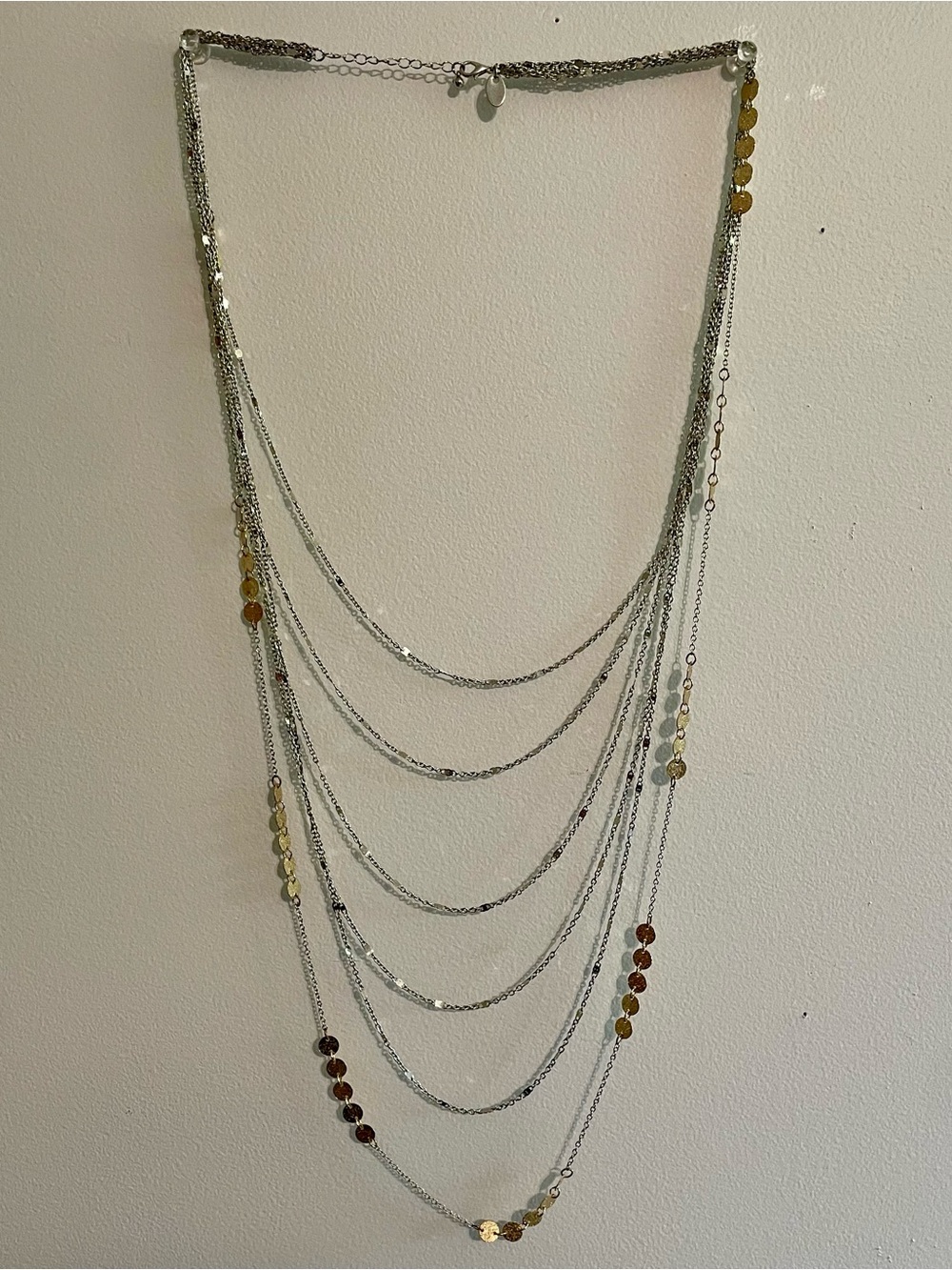 Multi-Strand Silver Tone Layered Necklace with Gold Tone Accent